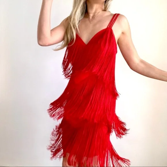 Red Tiered Fringe 1920’s Flapper Dress Small - Picture 2 of 16